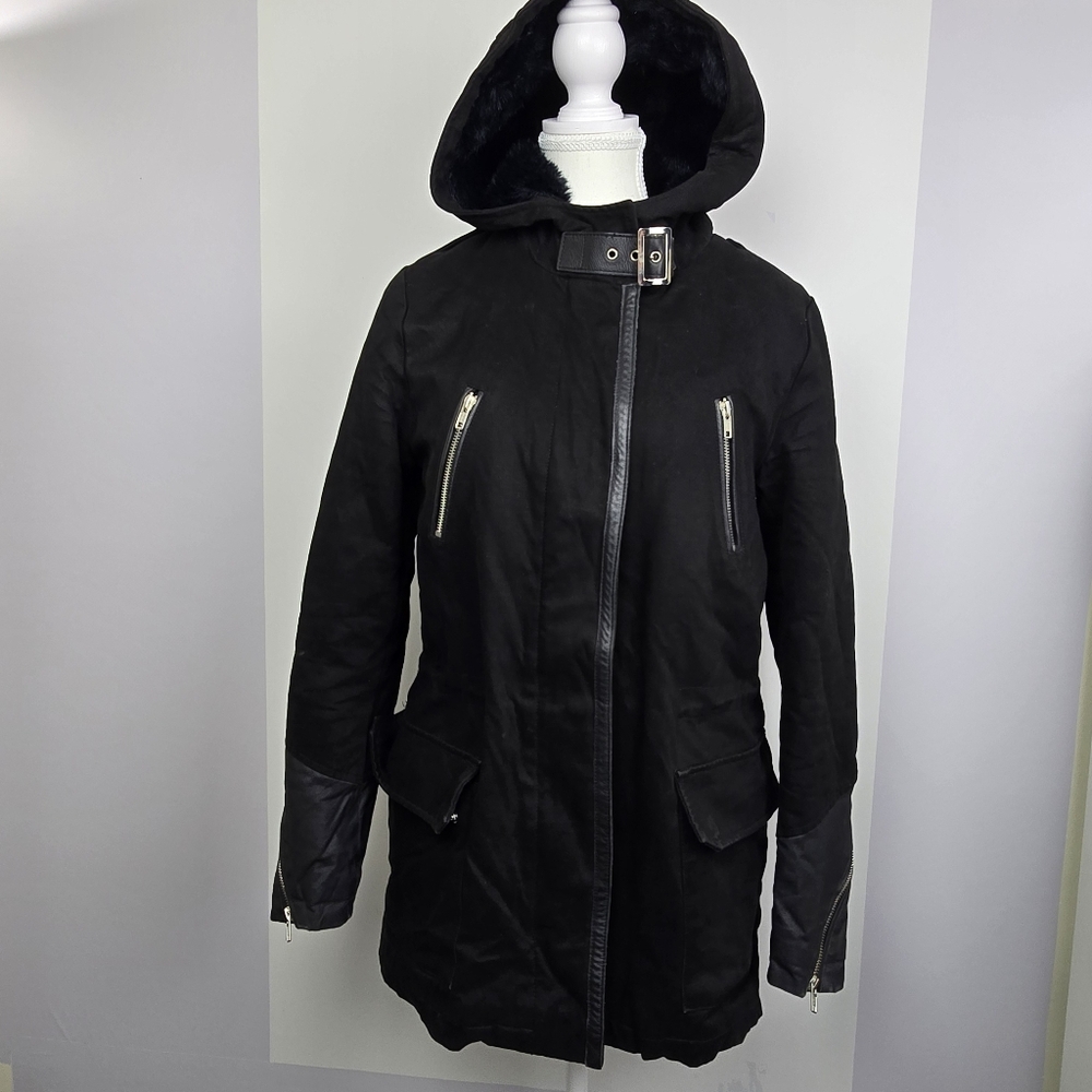 Maje Gafety Fur Parka Black Hooded Utility Jacket, Sz 2 (EU)/M (US)